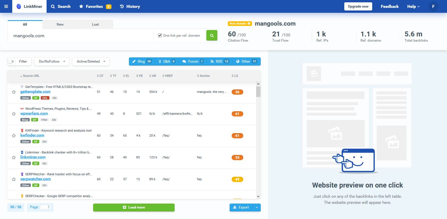 LinkMiner by Mangools backlink analysis interface showing backlink profile, Citation Flow, Trust Flow metrics, and broken link opportunities